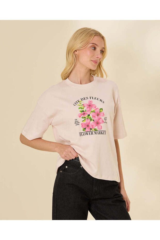 Women Pink Placement Print Interlock T Shirt