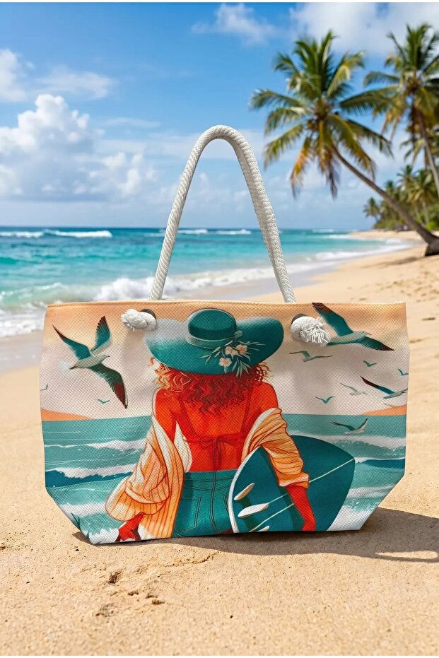 Women's Patterned Large Size Beach Bag with Sea View Hat Hzl26S-Tt01