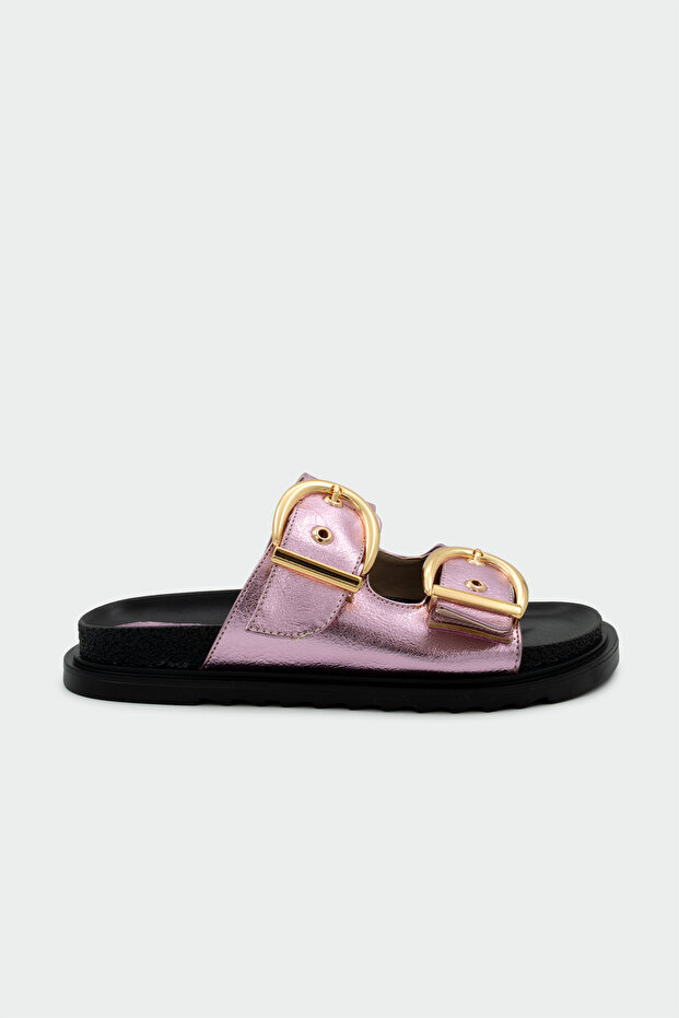Holix Gold Buckle Detailed Pink Slippers