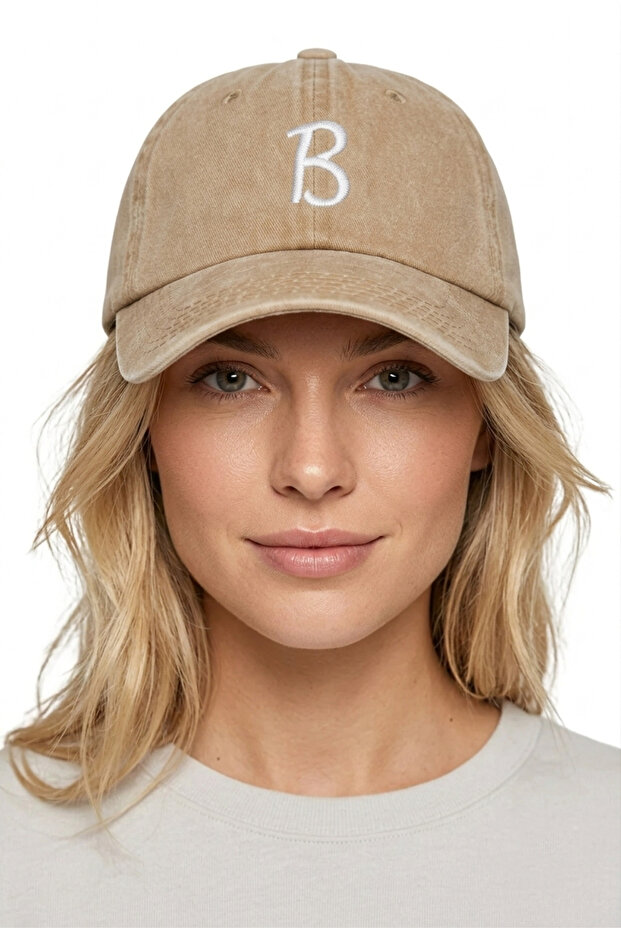 Beige Embroidered Washable Vintage Unisex Hat with Letter B