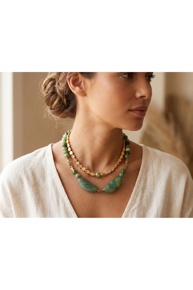 Double Row Green Natural Stone Necklace with Gold Cube Detail
