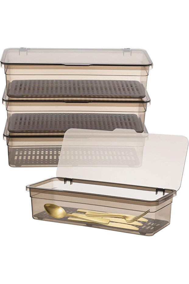 1PC Flatware Trays,Lids,Drainers,Plastic Utensil Organizers,Dustproof Silverware Storage Containers,10.4x4.3x2.5'',for Kitchen Drawers
