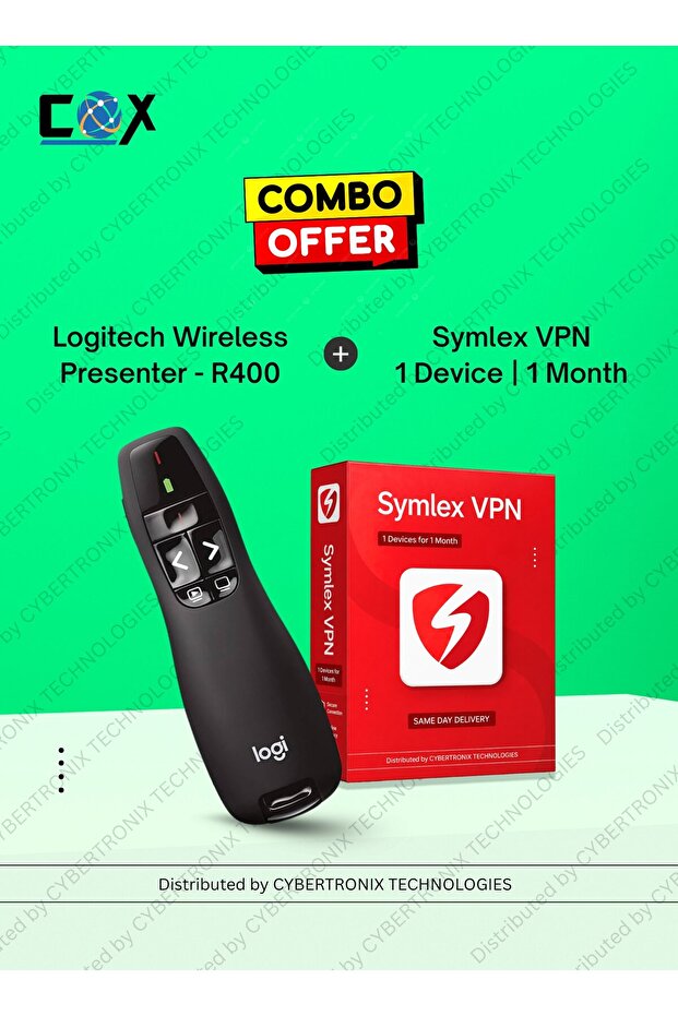 Logitech R400 Wireless Presentation Remote + Symlex VPN | 1 Devices 1 Month | Digital License | Same Day Delivery | Combo Pack