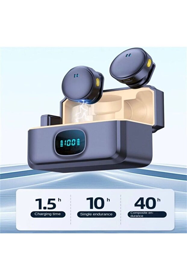 1-to-2 wireless lavalier microphone set with a digital-display charging and storage case.