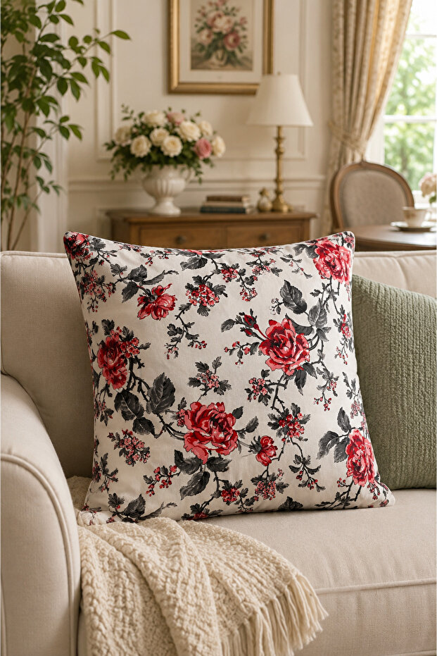 Botanika Series Ruby Floral Patterned Duck Fabric Decorative Throw Pillow Cover