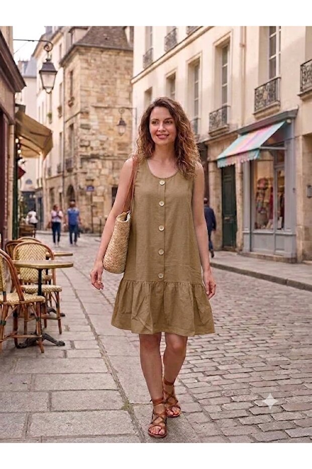 Women's Patterned Button Detailed Pocketed Sleeveless Linen Midi Dress