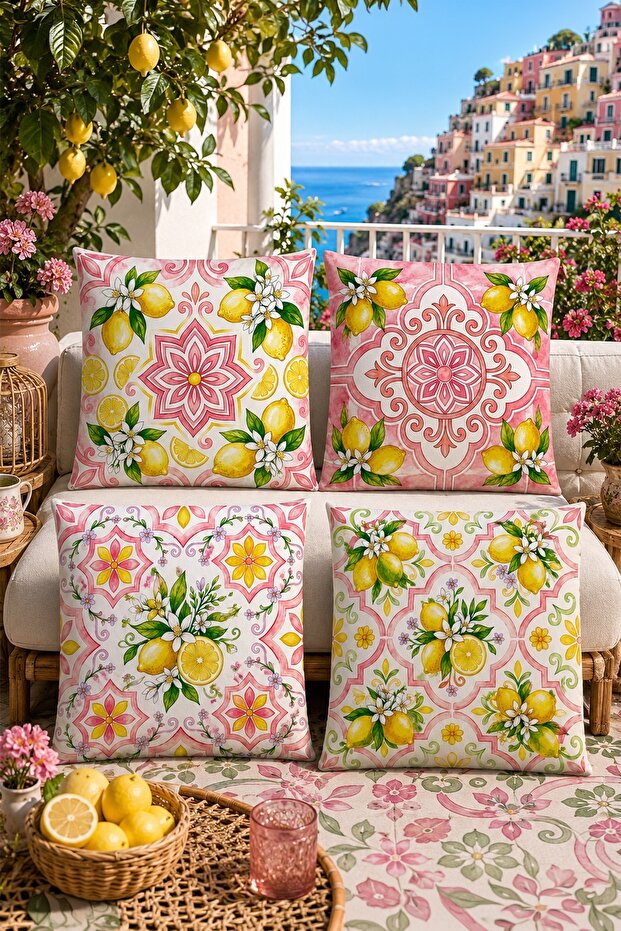 Pink Striped Lemons Patterned 4-Piece Throw Pillow Cover Set