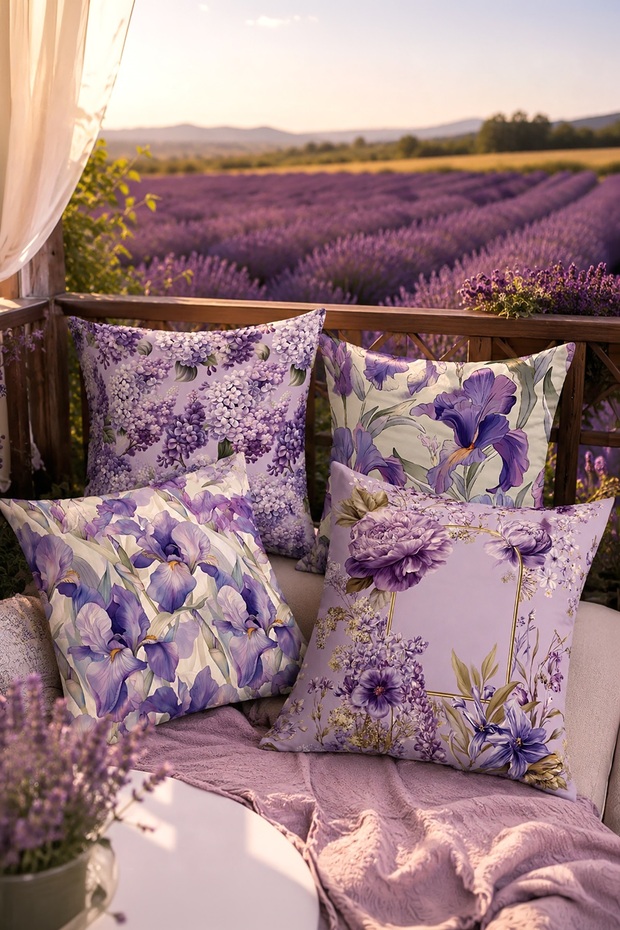 Purple Flowers Patterned 4-Piece Throw Pillow Cover Set