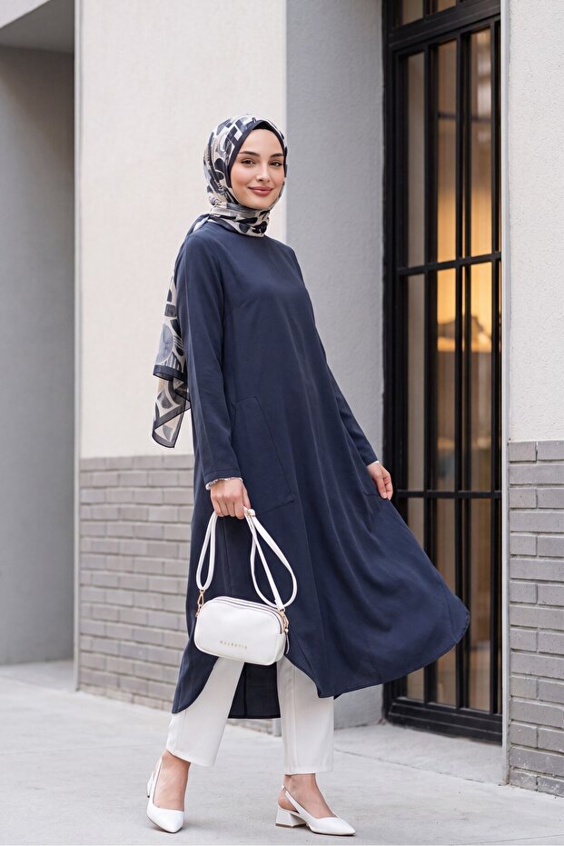 Long Rayon Tunic with Pockets and Side Slits - Smoked