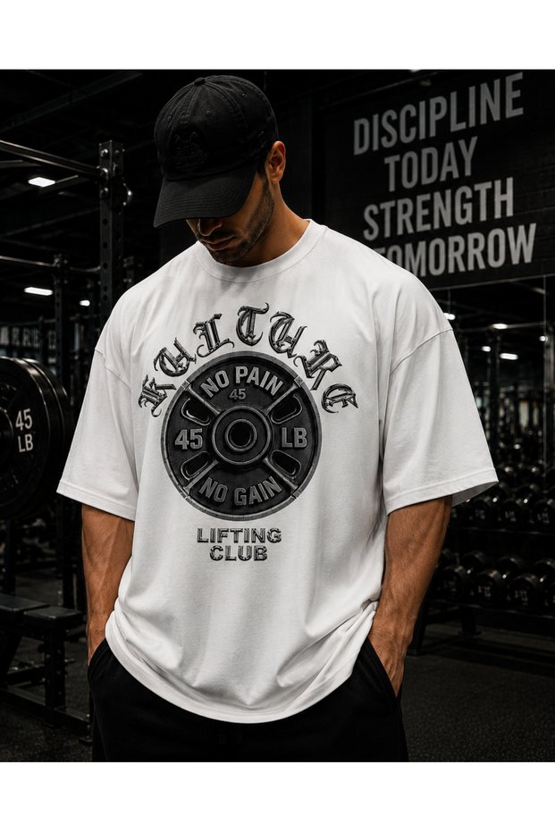Men's Printed Oversized White T-Shirt 100% Cotton Ribbed Collar with Collar Strap