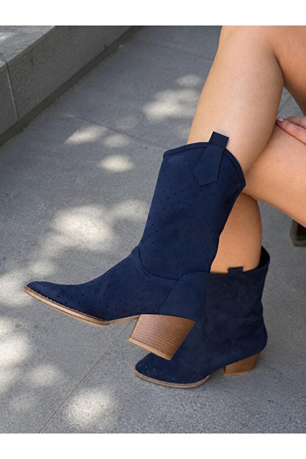 Eva Dark Blue Calf Suede Dallas Heel-Heeled Western Summer Boots