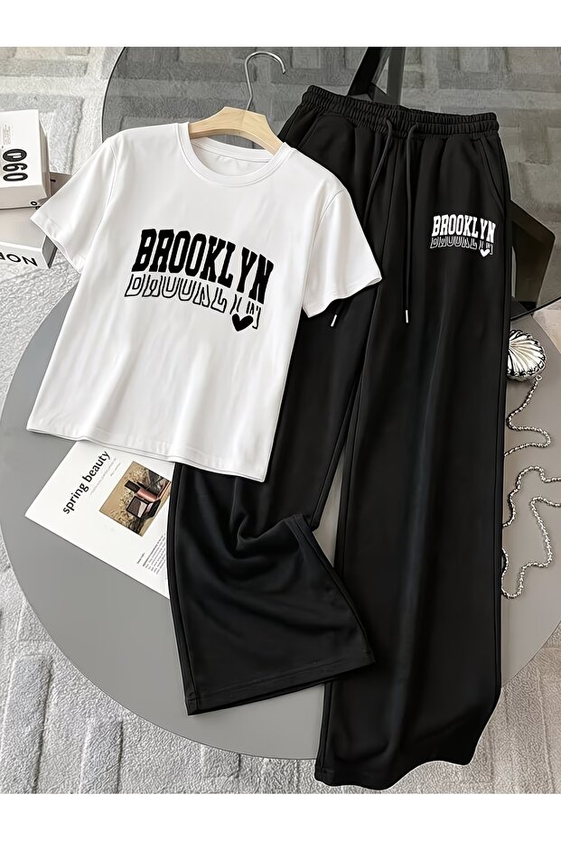Unisex Women Men Brooklyn Heart Printed Oversized Tshirt and Baggy Sweatpants - Summer Two-Piece Tracksuit Set