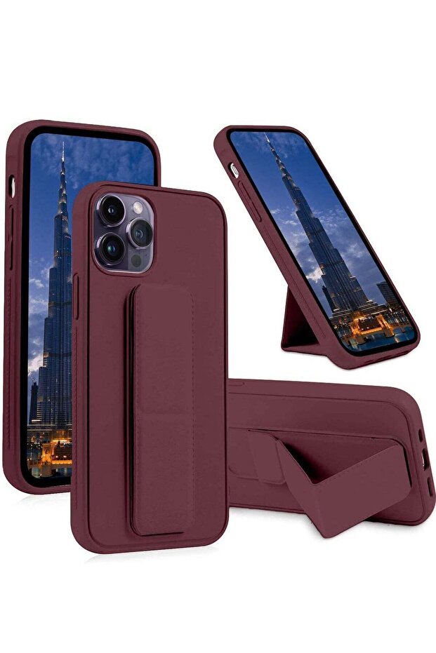 iPhone 16 Pro Maroon Magnetic Car Mount Kickstand Case – Premium Silicone with Vertical & Horizontal Hand Strap and Multi-Stand