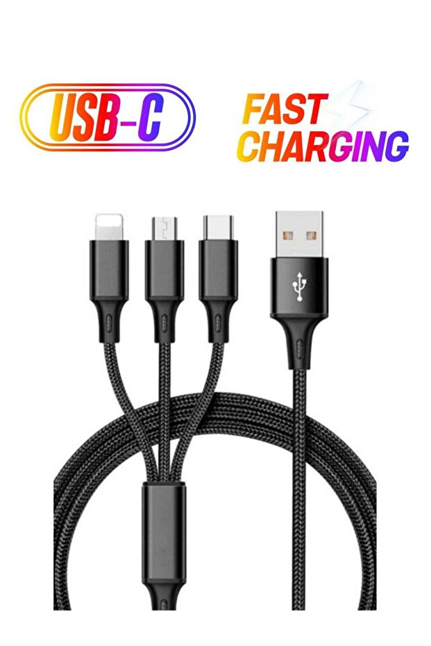 3 In 1 Fast Charging Cable For Iphone, Samsung, Huawei, Oppo, And Tables