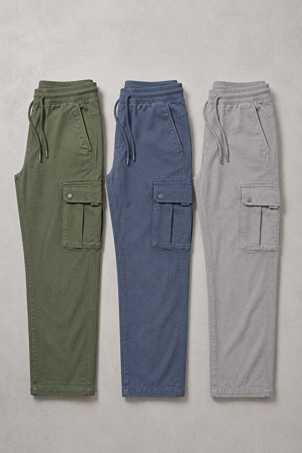 Men's 3-Piece Cargo Linen Trousers with Elastic Waist