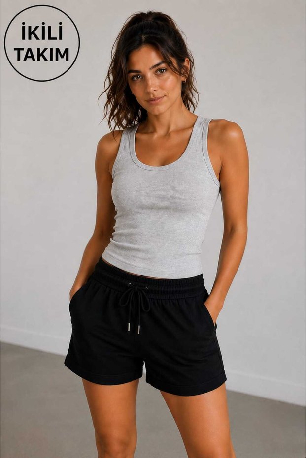 2-Piece Set of Pocketed Shorts and Strappy Round-Neck Ribbed Camisole Crop Tank Top