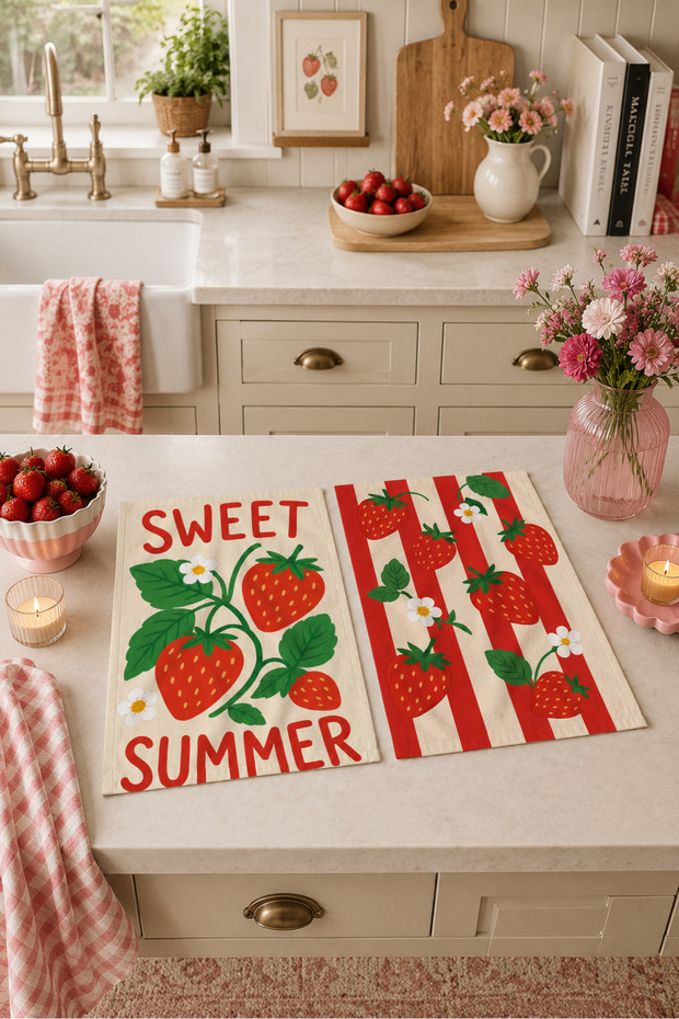 Sweet Summer Strawberry Patterned Red Green Summer Kitchen Mediterranean Stylish 2-Piece Kitchen Towel Set 35X55