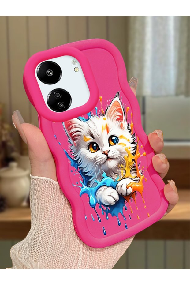 Poco C65 Compatible Case Camera Protector Red Silicone Couple Phone Case Cat Pattern