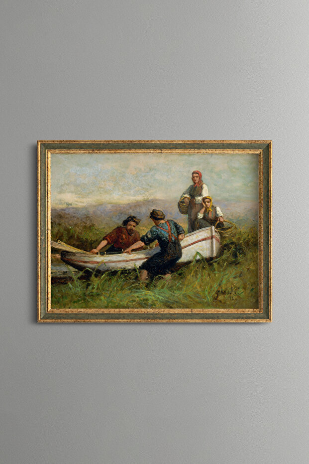 People Near the Ship - Vintage Patterned Painting - Fine Model