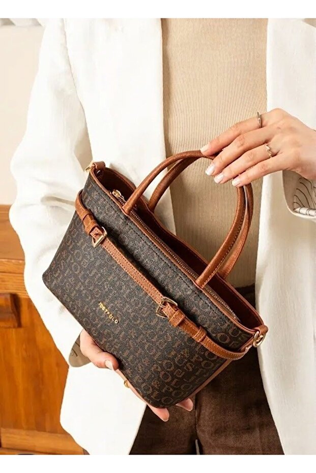 Women's Hand and Shoulder Bag with Monogram Print, Double Buckle, Cross Strap, Stylish