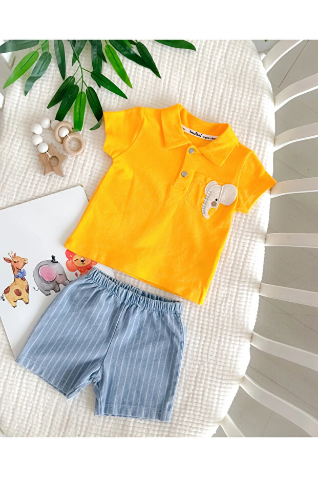 Summer 2-Piece Baby Boy Set with Felt Elephant Emblem and Knitted Denim Shorts