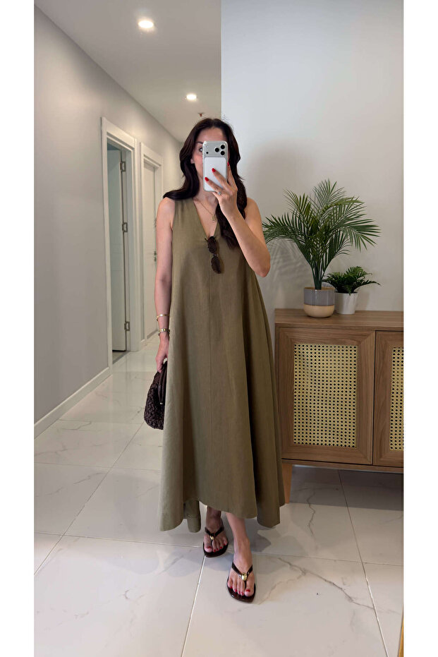 Folse Khaki Sleeveless Linen Dress