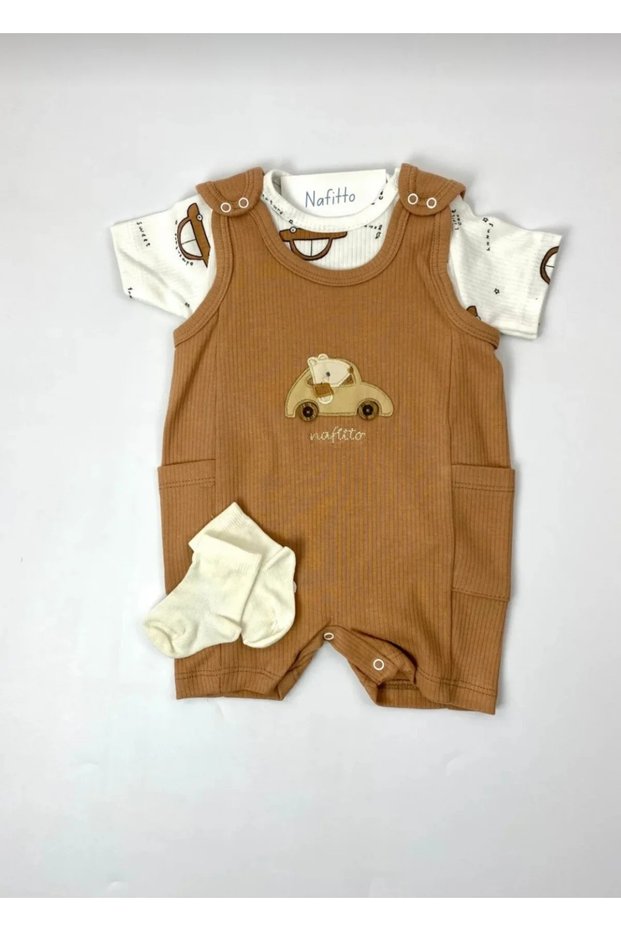 Car Embroidered Short Salopet Jumpsuit Set of 3