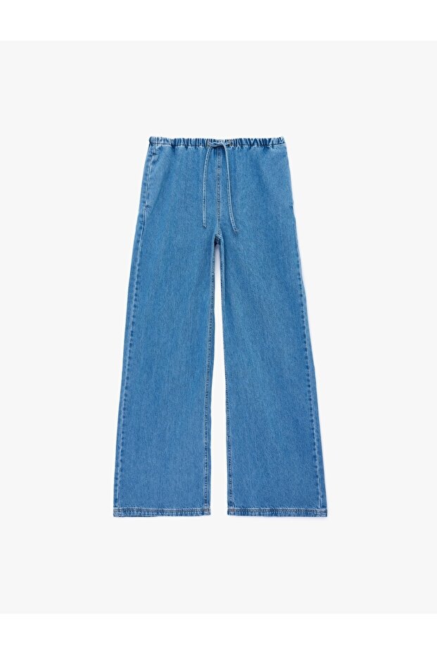 Beli Lace-Up Pocket Detailed Wide Leg Denim Trousers - Light Indigo