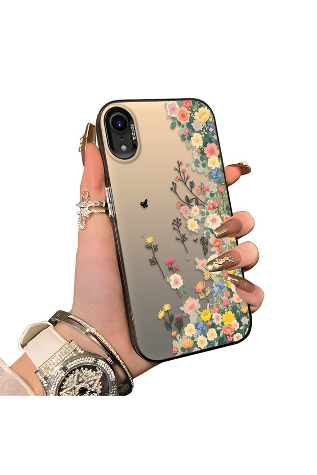 iPhone Xr Compatible Silicone Edge Hard Back Case Couple Phone Case with Floral Pattern