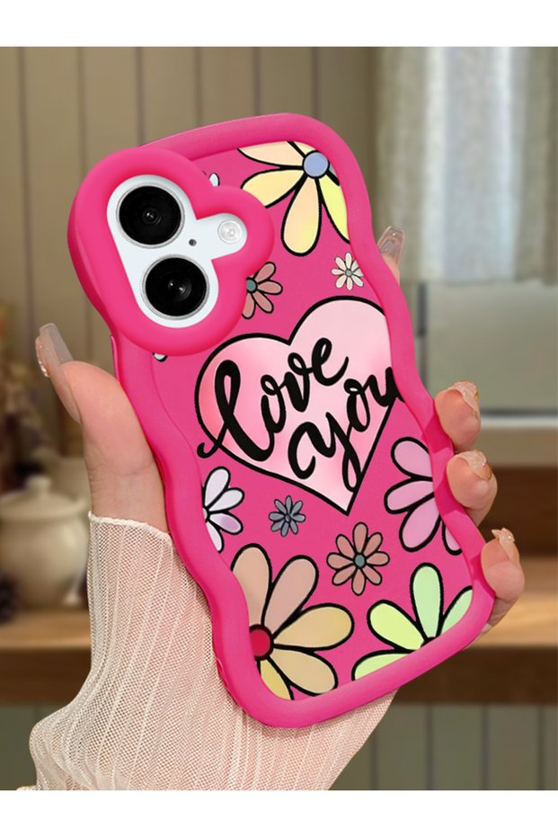 iPhone 16 Plus Compatible Case with Camera Protection Red Silicone Couple Phone Case with Floral Pattern