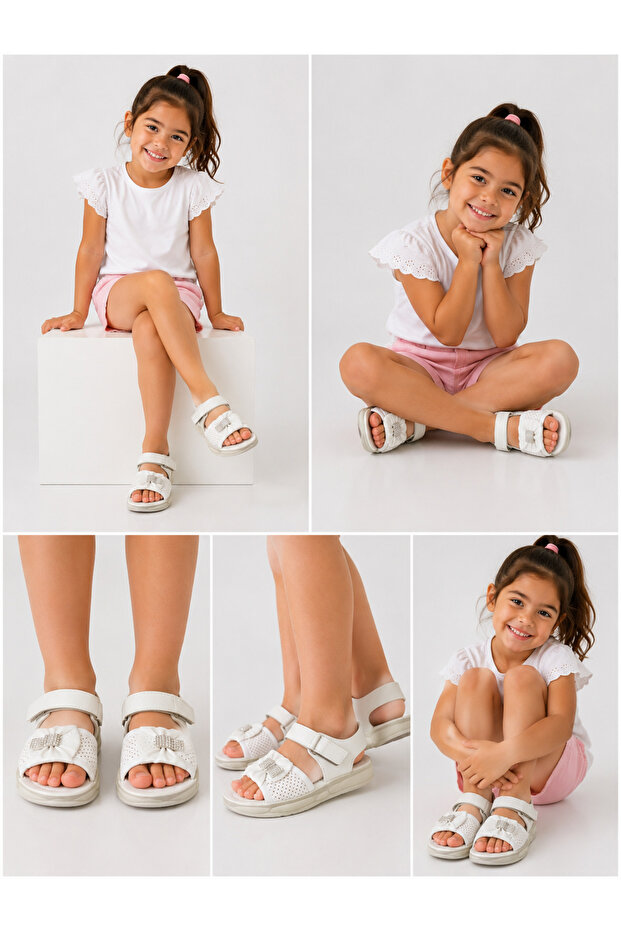 Girl's White Stone-Embellished Soft-Soled Stone Sandals