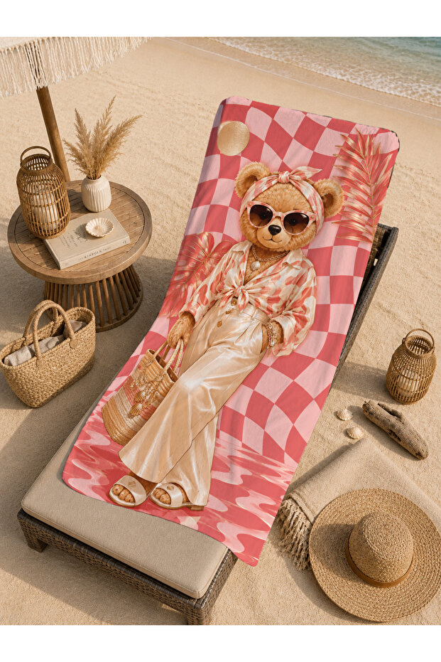 Teddy Bear Pink Checkered Summer Patterned 70X150 Beach Towel