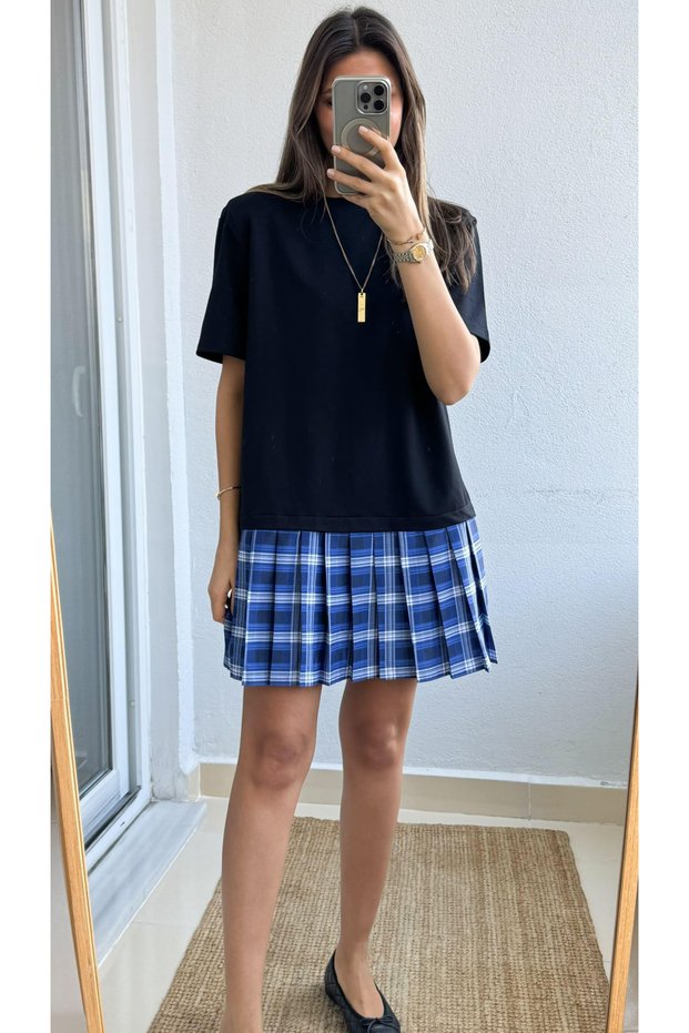Navy Blue Dress with Pleated Skirt - 2Y34068