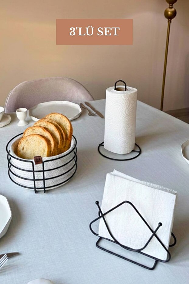 Set of 3 Black Triangle Napkin Holder Upright Paper Towel Holder Round Bread Basket Kitchen Set