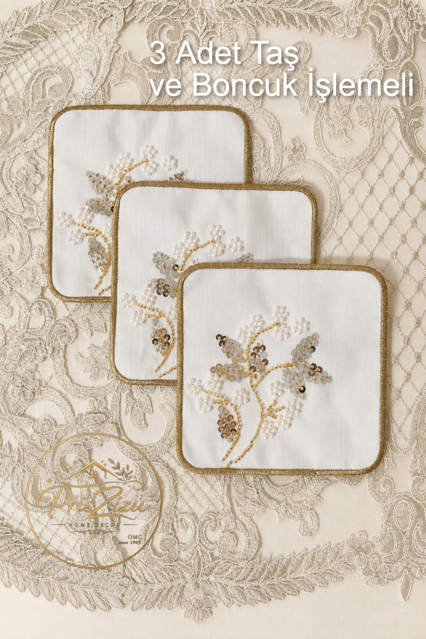 Linen Fabric Coffee Side Presentation Napkin, Cocktail Napkin, Coffee Side Presentation Napkin, Presentation Holder, Coaster with Bead and Stone Embroidery