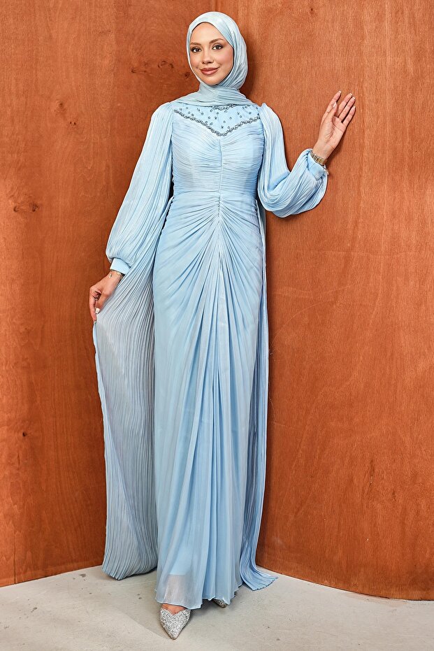 Baby Blue Front Gathered Collar Stone Embellished Evening Dress