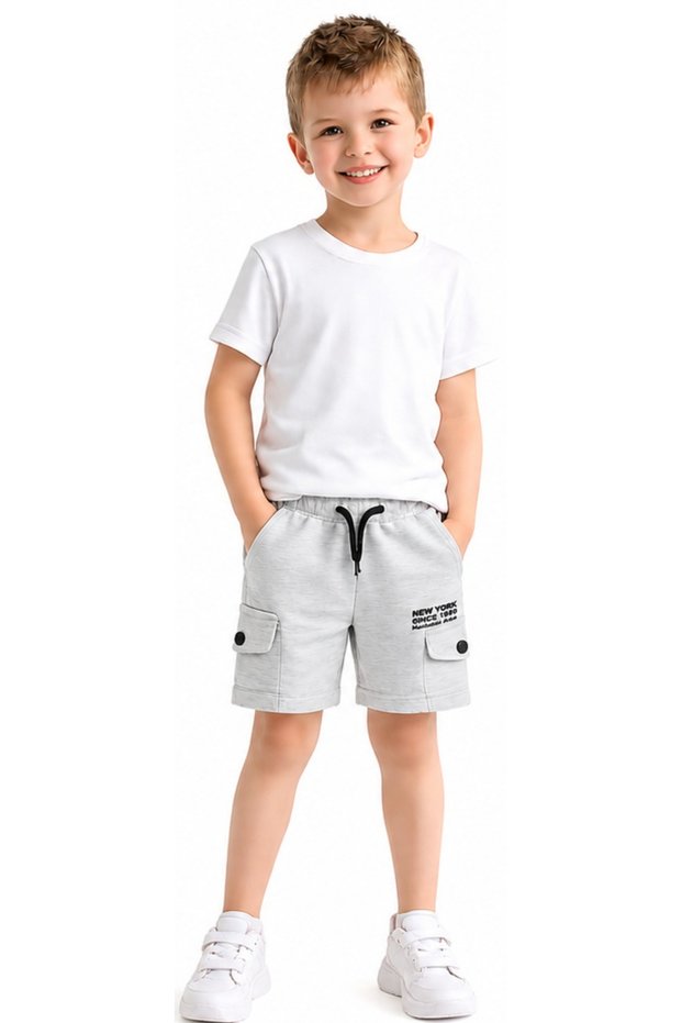 Boys/Girls New York Lettering Pattern Regular Pocket Double Cargo Pockets Elastic Waist Drawstring Grey Color Combed Cotton Shorts