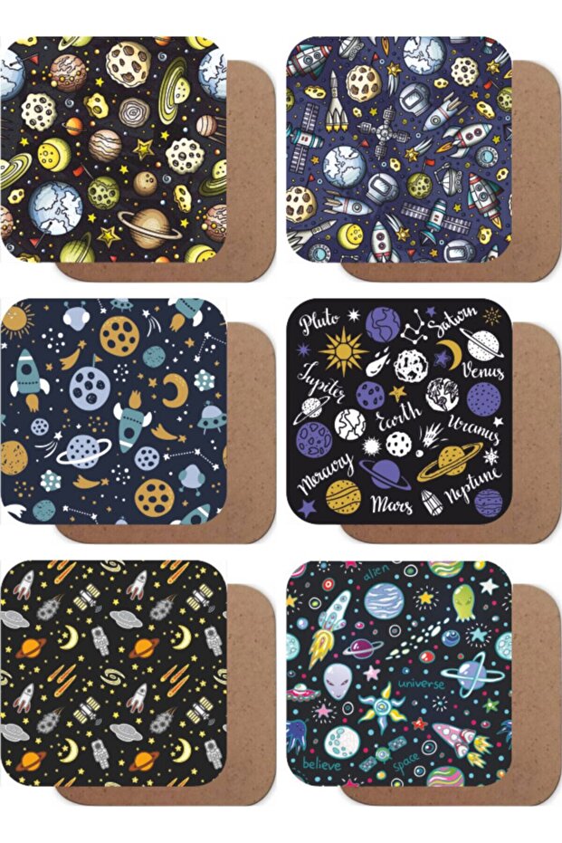 Stars And Planets, Space Themed Set Of 6 Wooden Coasters