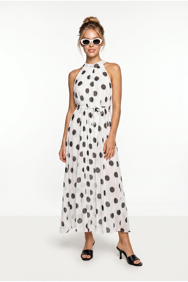 Polka Dot Pleated Summer Chiffon Dress Lgx0015 White