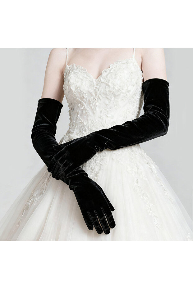 One Size Black Elegant Velvet Solid 53cm Long GlovesWomen Fluffy Gloves Full Finger Evening Dress E