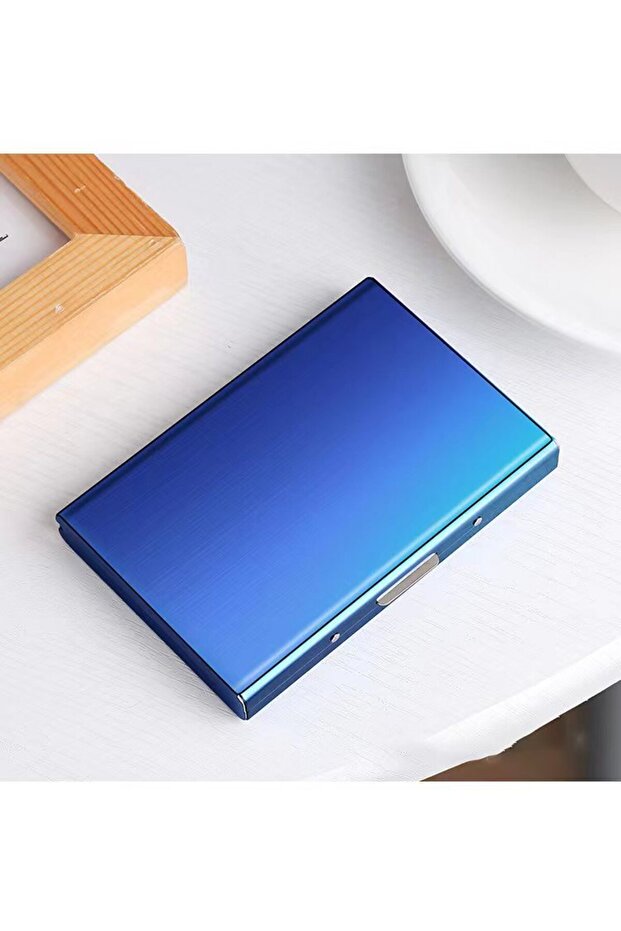 Blue Card Holder Wallet Minimalist Slim Metal RFID Blocking Card Protector Pop Up Wallet