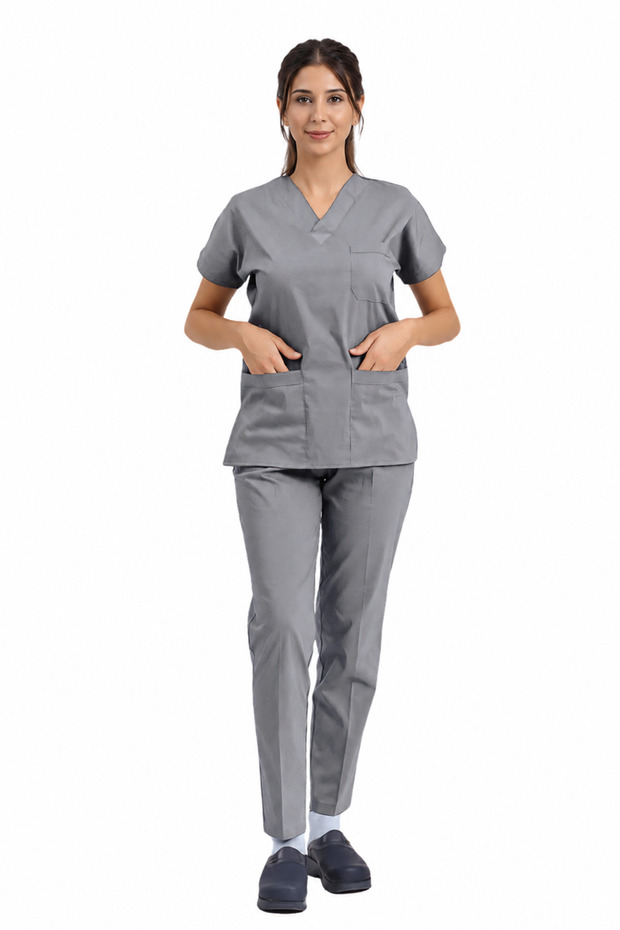 [Logosuz] Gray / Neutral Gray Lycra Doctor and Nurse Uniform Unisex Surgical Suit |   Brl Scruble