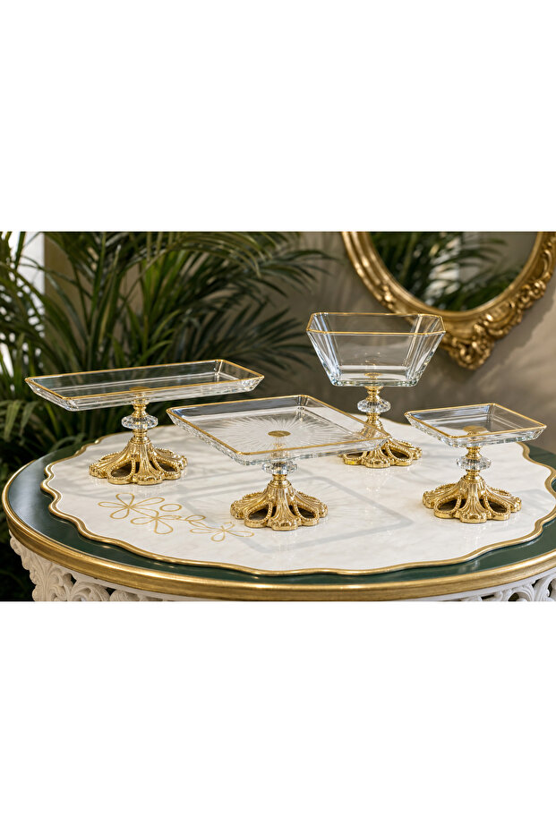Gold 4 Piece Cake Presentation Set | Cookie Tray & Serving Plate -