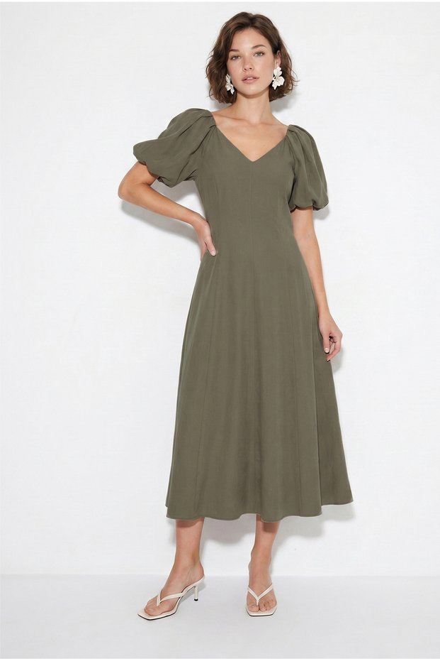 Women's Khaki V-Neck Waist Fitted Balloon Sleeve Midi Modal Dress 2796 60286413