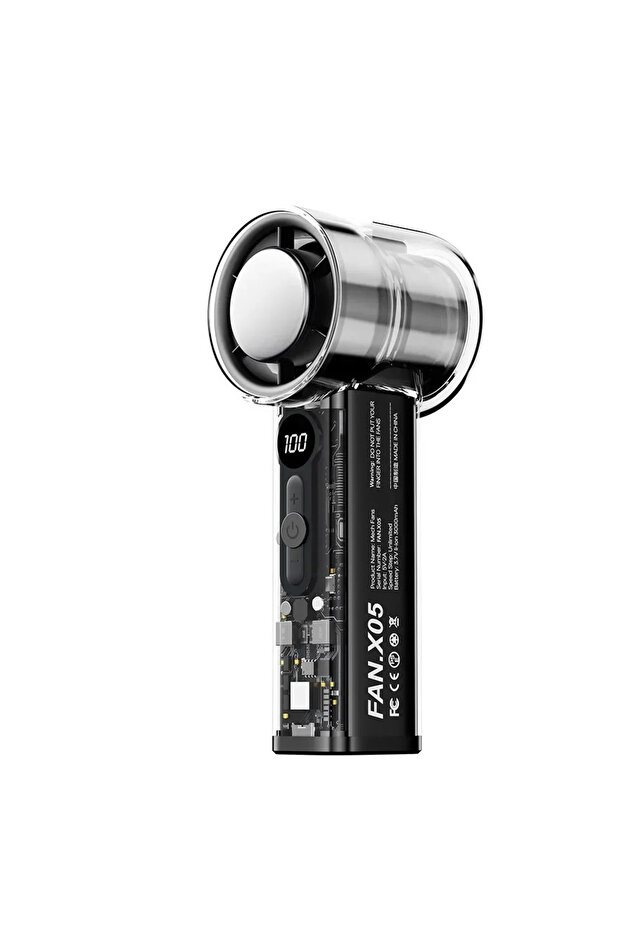 black TINSOL Mecha Transparent Mini Electric Fan 3000mAh with LCD Display, 100 Speed Adjustments, US