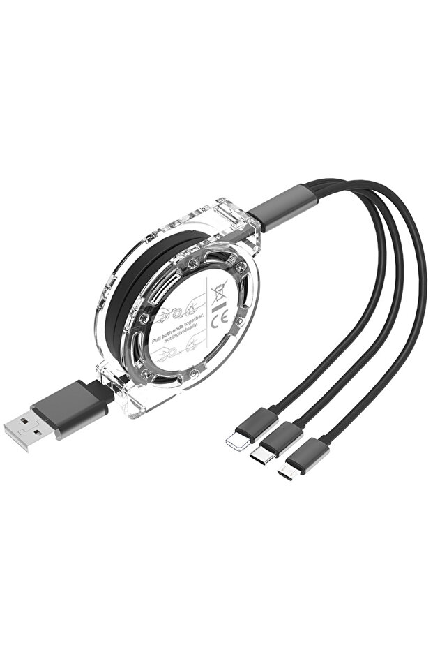 black 1m 3 in 1 Retractable Data USB Cable for iPhone Charger Fast Wire Charging Cable For Android P