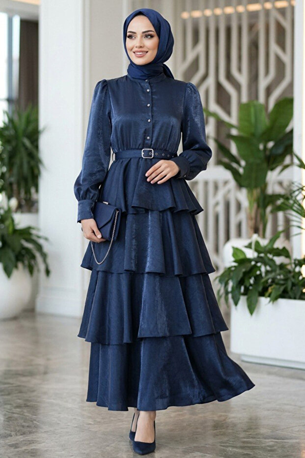 Satin Crepe Navy Blue Layered Hijab Dress 95712L