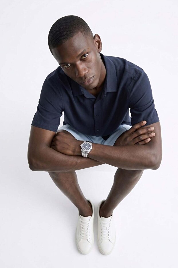 Men's Short Sleeve Draped Shirt - Navy Blue