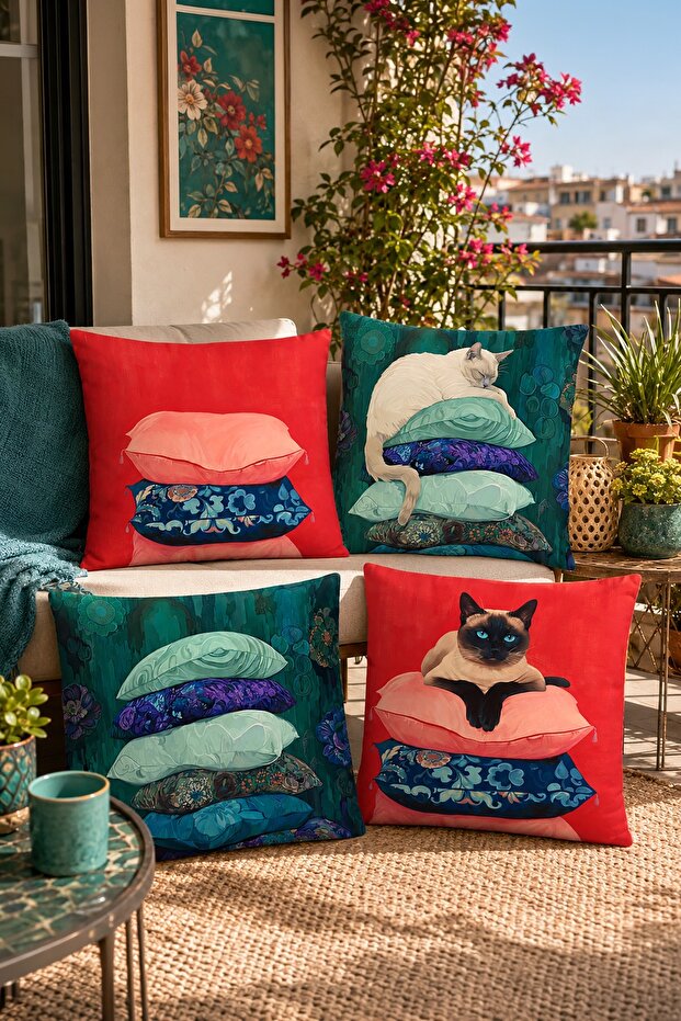 Padded Cat Patterned 4-Piece Throw Pillow Cover Set
