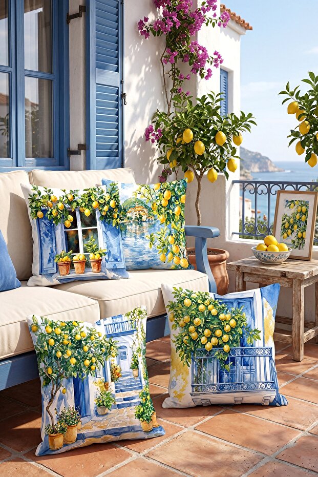 Lemons on the Balcony Patterned 4-Piece Throw Pillow Cover Set